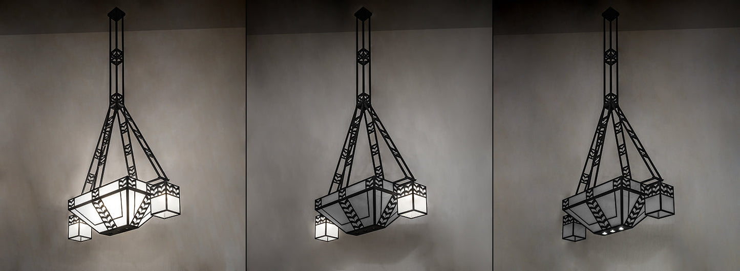 Meyda Lighting Monaca 70" 15-Light Black Cracked Ice Island Chandelier With Frosted Seeded Shade Glass