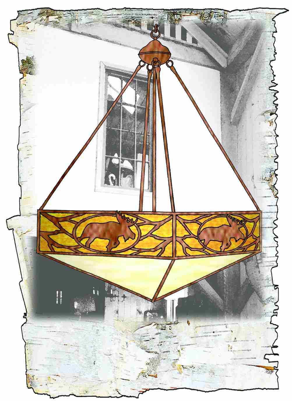 Meyda Lighting Moose at Dawn 18"Sq 3-Light Antique Copper Inverted Pendant Light With Beige & Honey Amber Shade Glass