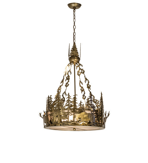Meyda Lighting Moose at Dusk 26" 4-Light Brass Tint Inverted Pendant Light With Silver Mica Shade Glass