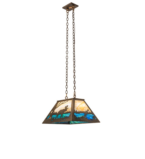 Meyda Lighting Moose at Lake 23" 3-Light Antique Copper Island Pendant Light With Beige Flemish and Blue Green Ripple Shade Glass