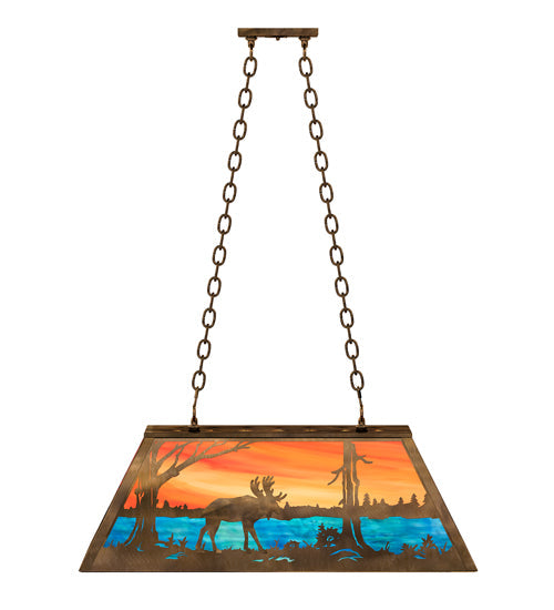 Meyda Lighting Moose at Lake 33" 6-Light Antique Copper Island Pendant Light With Orange & Blue Shade Glass