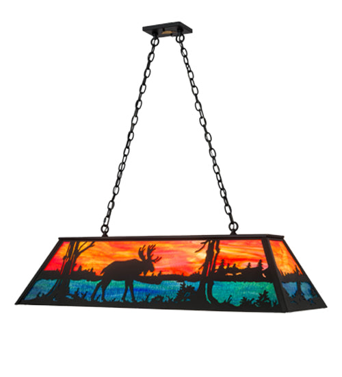 Meyda Lighting Moose at Lake 48" 6-Light Textured Black Island Pendant Light With Orange & Blue Green Art Shade Glass