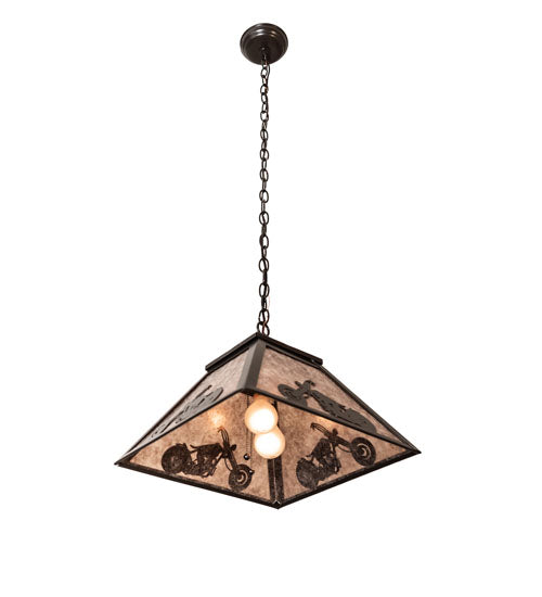 Meyda Lighting Motorcycle 23" 2-Light Timeless Bronze Pendant Light With Silver Mica Shade Glass