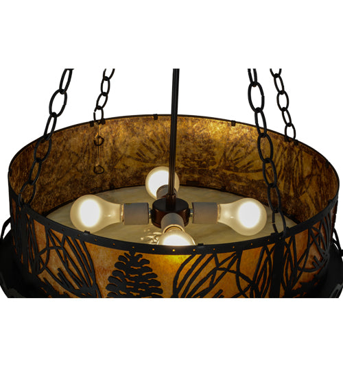 Meyda Lighting Mountain Pine 22" 4-Light Textured Black Inverted Pendant Light With Amber Mica and Beige Art Shade Glass