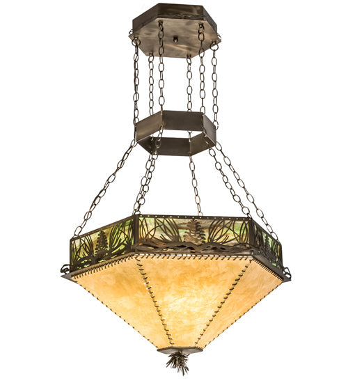 Meyda Lighting Mountain Pine 33" 4-Light Antique Copper Inverted Pendant Light With Green & Beige Shade