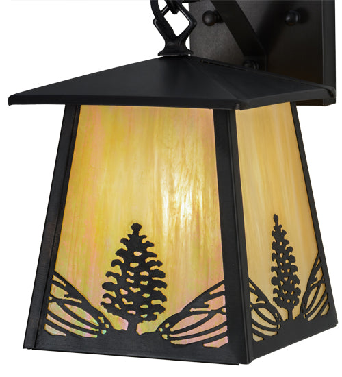 Meyda Lighting Mountain Pine 7" Craftsman Brown Hanging Wall Sconce With Beige Iridescent Shade Glass