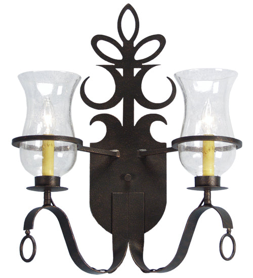 Meyda Lighting Narcissus 12" 2-Light Antique Iron Gate Wall Sconce With Clear Hurricane Shade Glass