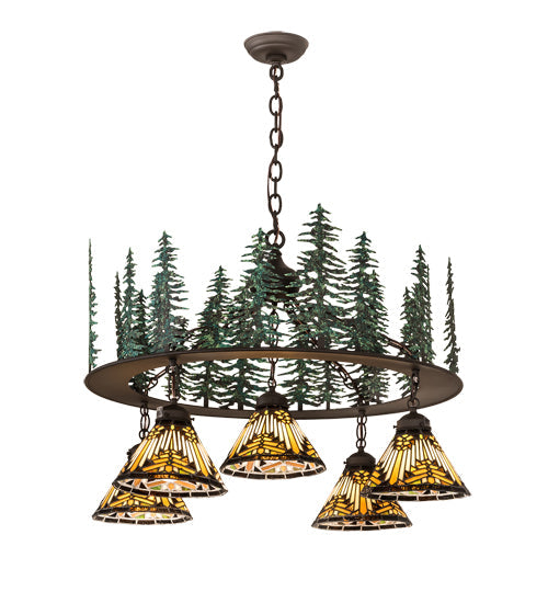 Meyda Lighting Nuevo Mission 34" 5-Light Oil Rubbed Bronze & Green Trees Mission Tall Pines Chandelier With Brown & Amber Shade Glass