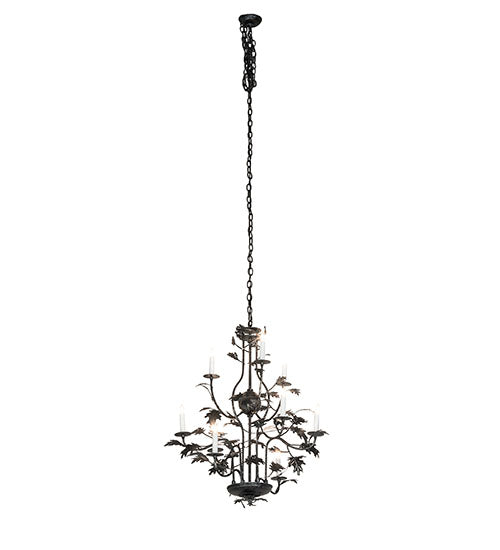 Meyda Lighting Oak Leaf 36" 9-Light Gunmetal Chandelier With White Faux Candlelight