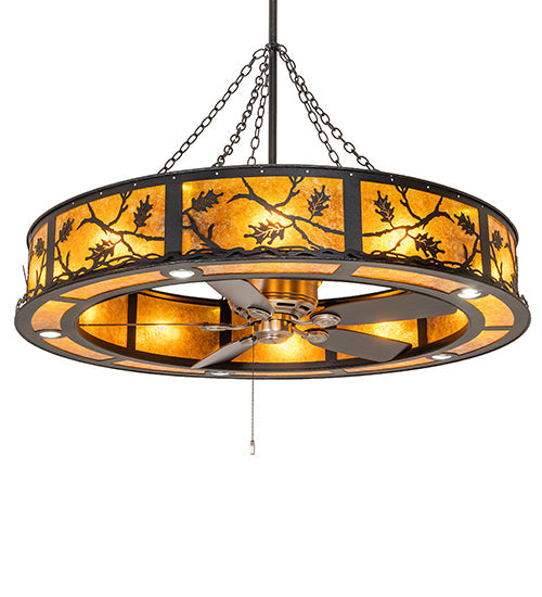 Meyda Lighting Oak Leaf 56" 20-Light Textured Black Chandelier With Amber Mica Shade Glass and Fan