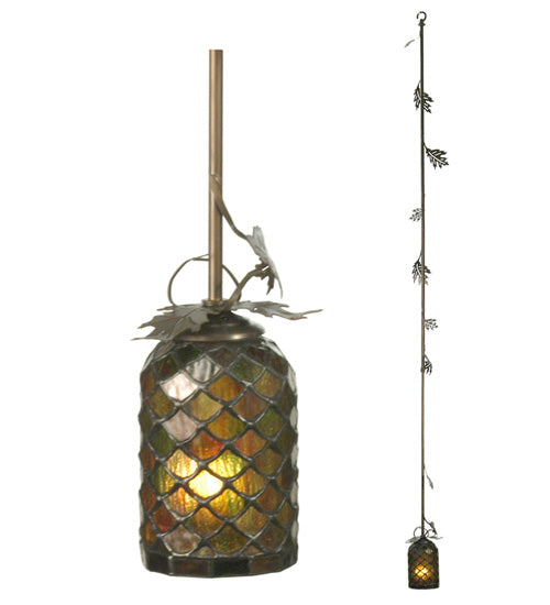 Meyda Lighting Oak Leaf 8" Antique Copper Mini Pendant Light With Autumn Green & Bark Brown Shade Glass