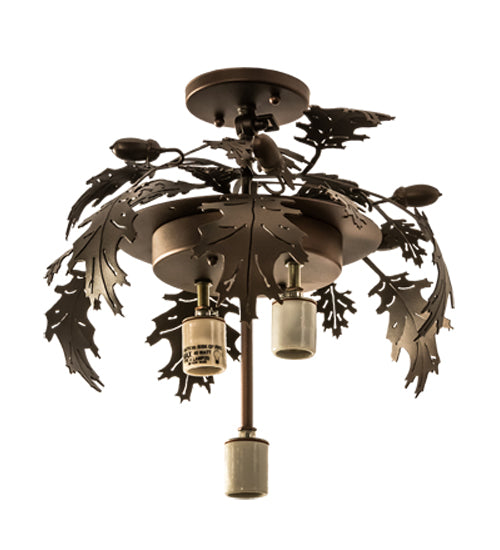 Meyda Lighting Oak Leaf & Acorn 15" 3-Light Mahogany Bronze Flush Mount Light With Bark Brown & Amber Shade Glass