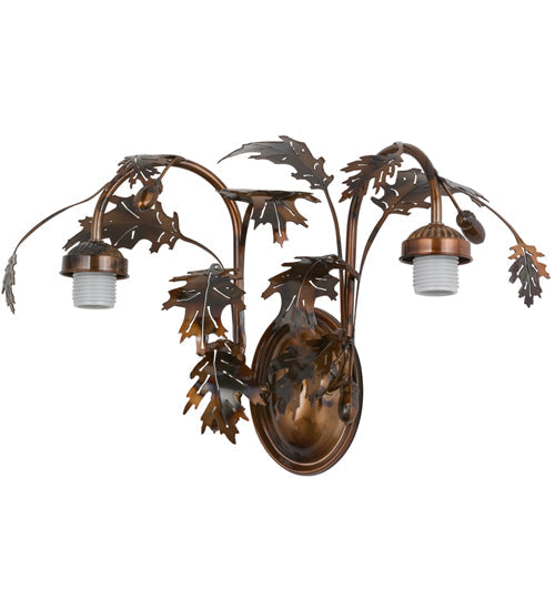 Meyda Lighting Oak Leaf & Acorn 20" 2-Light Dark Burnished Transparent Copper Mountain Pine Wall Sconce With Bark Brown and Amber Shade Glass