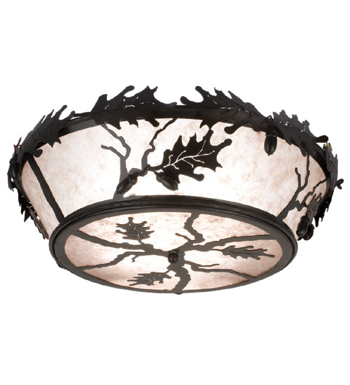 Meyda Lighting Oak Leaf & Acorn 24" 4-Light Textured Black Flush Mount Light With Silver Mica Shade Glass