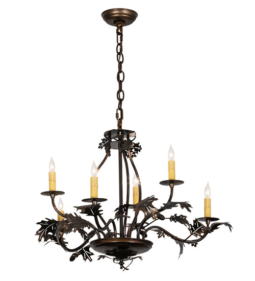 Meyda Lighting Oak Leaf & Acorn 28" 6-Light Dark Burnished Antique Copper Chandelier With Ivory Faux Candlelight