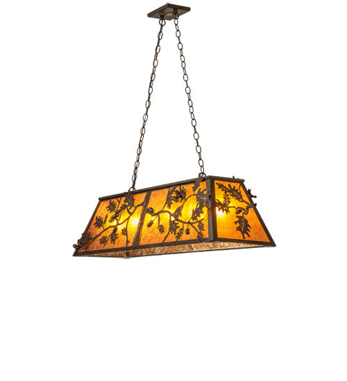 Meyda Lighting Oak Leaf & Acorn 48" 6-Light Antique Copper Island Pendant Light With Amber Mica Shade Glass