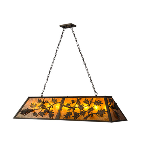 Meyda Lighting Oak Leaf & Acorn 50883 54" 9-Light Antique Copper Island Pendant Light With Amber Mica Shade Glass