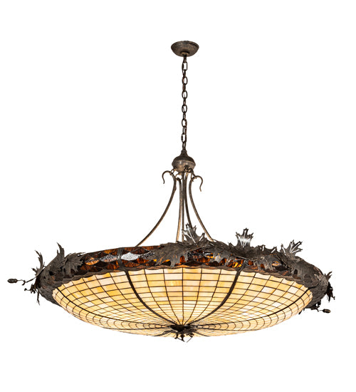 Meyda Lighting Oak Leaf & Acorn 52" 6-Light Golden Bronze Inverted Pendant Light With Bark Brown Art & Beige Art Shade Glass