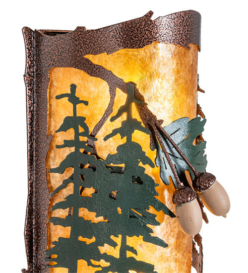 Meyda Lighting Oak Leaf & Acorn 6" 2-Light New Copper Vein & Green Trees Wall Sconce With Amber Mica Shade Glass