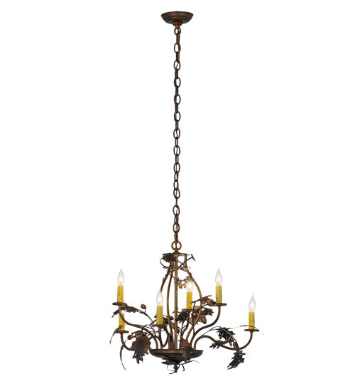 Meyda Lighting Oak Leaf & Acorn 81244 28" 6-Light Dark Burnished Antique Copper Chandelier With Ivory Faux Candlelight