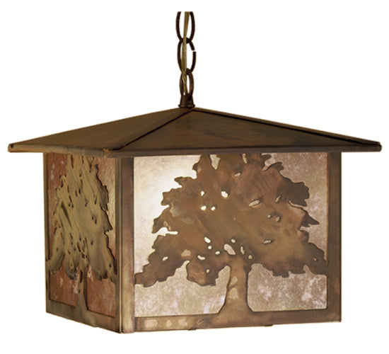 Meyda Lighting Oak Tree 12"Sq Rust Lantern Pendant Light With Silver Mica Shade Glass
