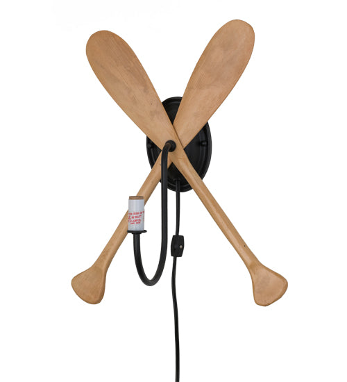 Meyda Lighting Paddle 14" Natural Wood & Textured Black Wall Sconce With Beige Textrene Shade