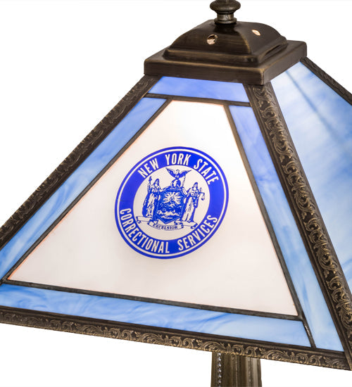Meyda Lighting Personalized 23" Antique Brass Corrections Table Lamp With Blue & Frosted Clear Shade Glass