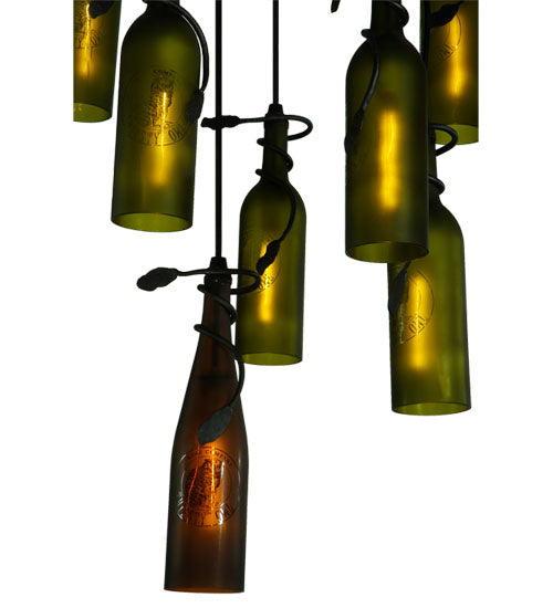 Meyda Lighting Personalized 36" 11-Light Black Thirsty Owl Cascading Pendant Light With Amber and Green Wine Bottle Shade Glass