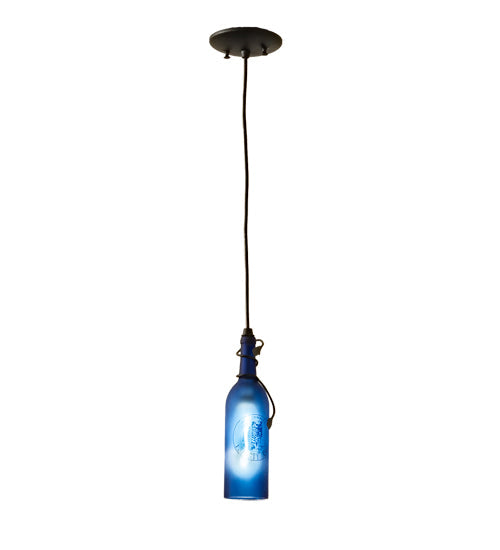 Meyda Lighting Personalized 5" Textured Black Thirsty Owl Mini Pendant Light With Blue Wine Bottle Shade Glass