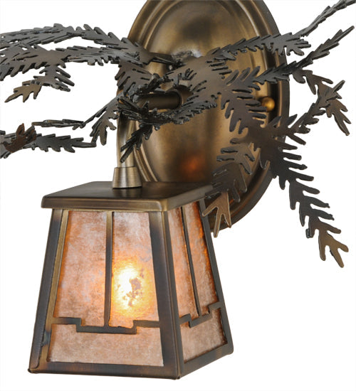 Meyda Lighting Pine Branch 16" Light Burnished Antique Copper Valley View Left Wall Sconce With Silver Mica Shade Glass