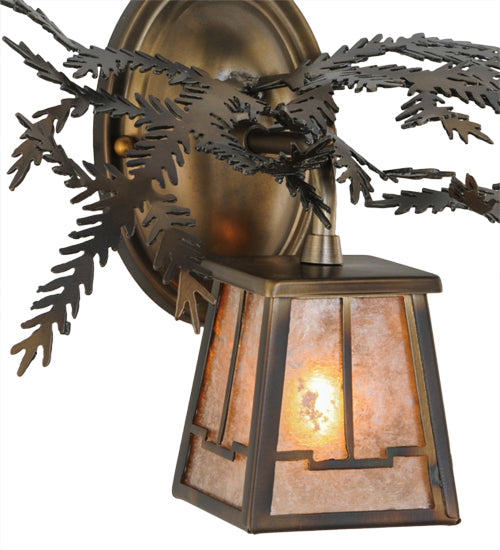 Meyda Lighting Pine Branch 16" Light Burnished Antique Copper Valley View Right Wall Sconce With Silver Mica Shade Glass