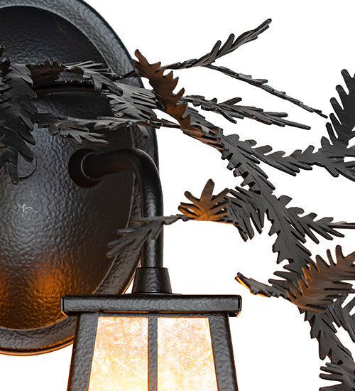 Meyda Lighting Pine Branch 17" 2-Light Black Satin Wrought Iron Valley View Wall Sconce With Amber Mica Shade Glass