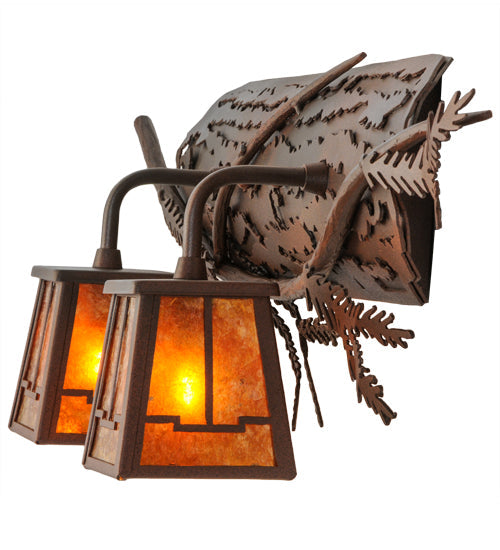 Meyda Lighting Pine Branch 24" 2-Light Wrought Iron & Rust Valley View Vanity Light With Amber Mica Shade Glass