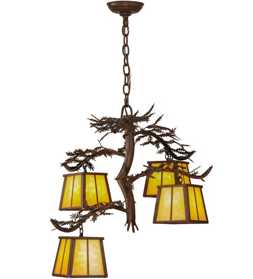 Meyda Lighting Pine Branch 28" 4-Light Cafe Noir Chandelier With Beige Art Shade Glass