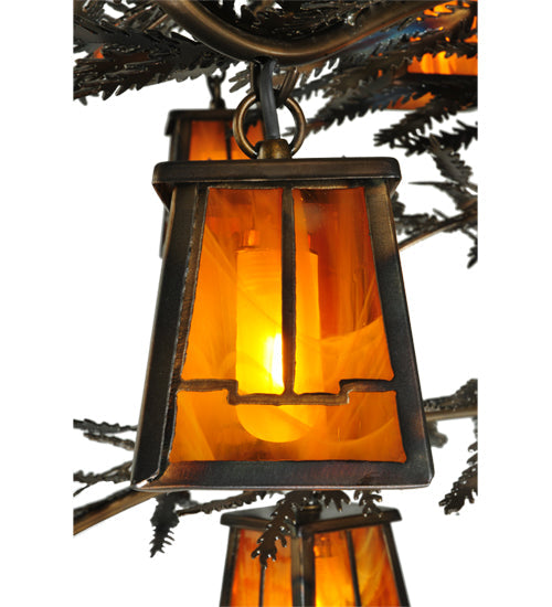 Meyda Lighting Pine Branch 54" 12-Light Dark Burnished Antique Copper Valley View Chandelier With Honey Amber Art Shade Glass