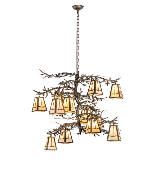 Meyda Lighting Pine Branch 55" 12-Light Antique Copper Valley View Chandelier With Beige Iridescent Shade Glass