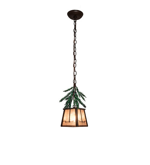 Meyda Lighting Pine Branch 8" Timeless Bronze Mini Pendant Light With Silver Mica Shade Glass