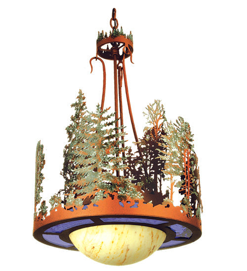 Meyda Lighting Pine Lake 18" Rust & Green Trees Inverted Pendant Light With Multi-Colored Shade Glass