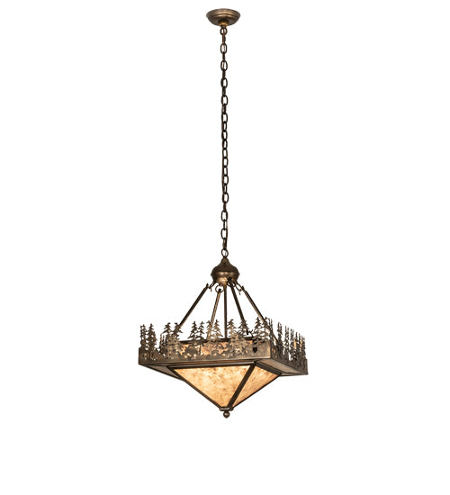 Meyda Lighting Pine Lake 19"Sq 4-Light Antique Copper Inverted Pendant Light With Silver Mica Shade Glass