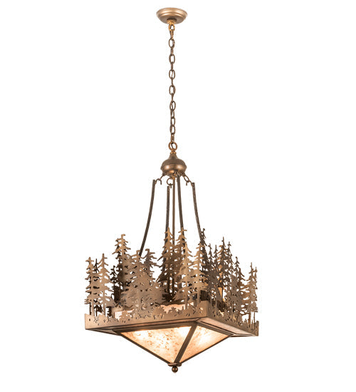 Meyda Lighting Pine Lake 20"Sq 4-Light Antique Copper Inverted Pendant Light With Silver Mica Shade Glass