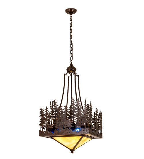 Meyda Lighting Pine Lake 28" 4-Light Copper Vein Inverted Pendant Light With Beige & Blue Art Shade Glass