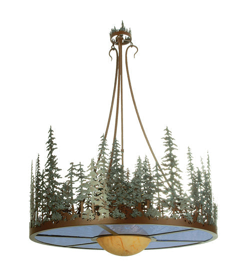 Meyda Lighting Pine Lake 36" 4-Light Rust Inverted Pendant Light With Green & Blue Art Shade Glass