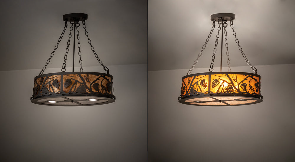 Meyda Lighting Pinecone 26" 6-Light Oil Rubbed Bronze Inverted Pendant Light With Amber Mica & Silver Mica Shade Glass