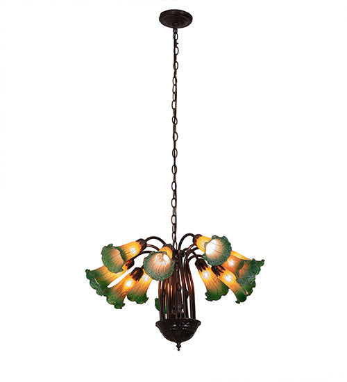 Meyda Lighting Pond Lily 24" 12-Light Mahogany Bronze Chandelier With Amber & Green Shade Glass