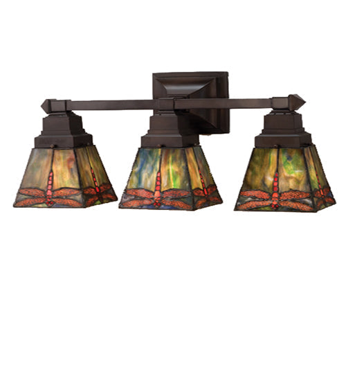 Meyda Lighting Prairie Dragonfly 20" 3-Light Mahogany Bronze Vanity Light With Multi-Colored Shade Glass