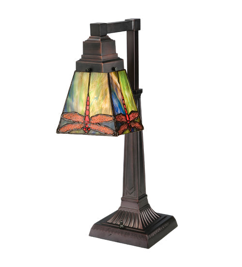Meyda Lighting Prairie Dragonfly 20" Mahogany Bronze Desk Table Lamp With Multi-Colored Shade Glass