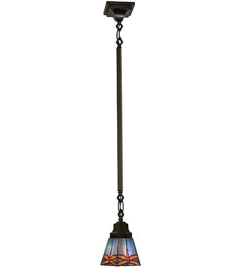 Meyda Lighting Prairie Dragonfly 49102 5"Sq Mahogany Bronze Mini Pendant Light With Multi-Colored Stained Shade Glass
