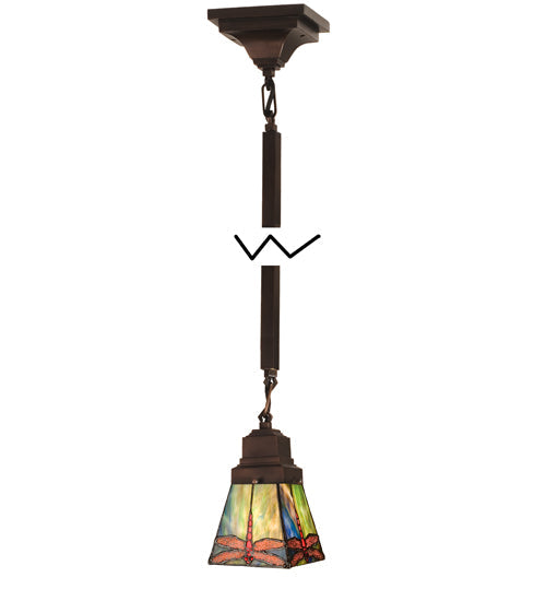 Meyda Lighting Prairie Dragonfly 49103 5"Sq Mahogany Bronze Mini Pendant Light With Multi-Colored Stained Shade Glass