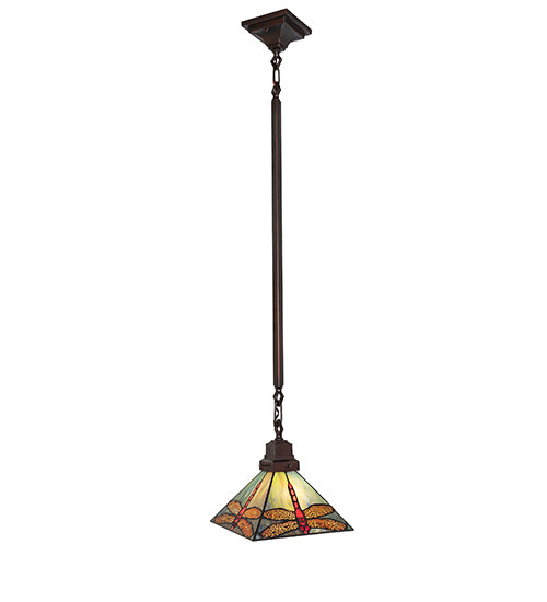 Meyda Lighting Prairie Dragonfly 49104 10"Sq Mahogany Bronze Pendant Light With Multi-Colored Stained Shade Glass