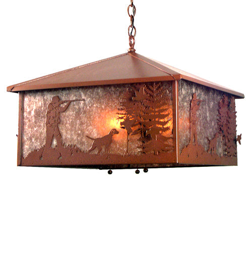 Meyda Lighting Quail Hunter With Dog 32" 3-Light Rust Pendant Light With Silver Mica Shade Glass
